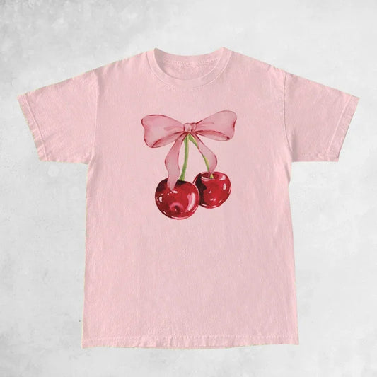 Cherry Bow Printed Women'S Vintage T-Shirt Trendy Cute Coquette Tee Shirt Short Sleeve Cottagecore Aesthetic Tops Female Clothes