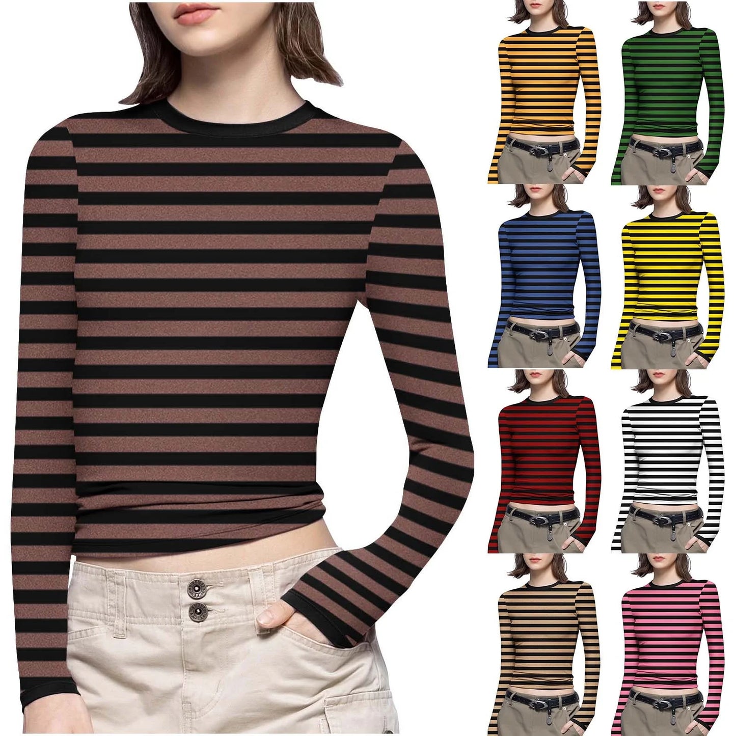 Women Striped Slim-Fit Shirts plus Size Long Sleeve Crewneck Basic Tees Casual Soft Undershirts (S, Brown)