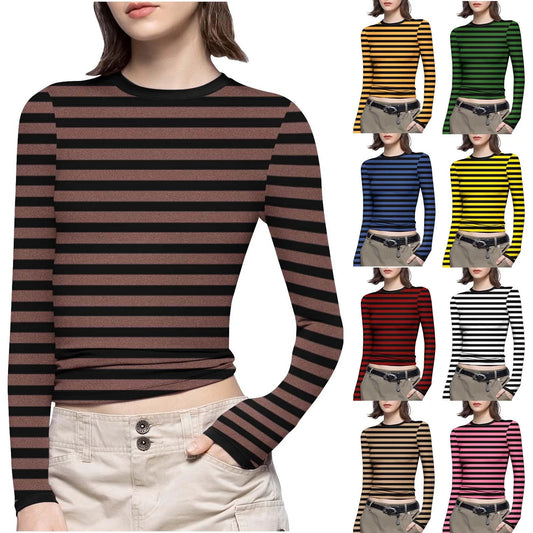Women Striped Slim-Fit Shirts plus Size Long Sleeve Crewneck Basic Tees Casual Soft Undershirts (S, Brown)