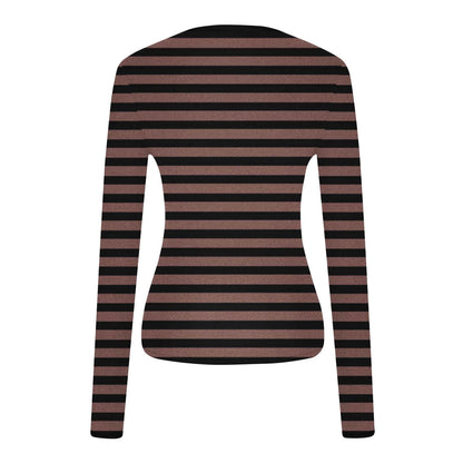 Women Striped Slim-Fit Shirts plus Size Long Sleeve Crewneck Basic Tees Casual Soft Undershirts (S, Brown)