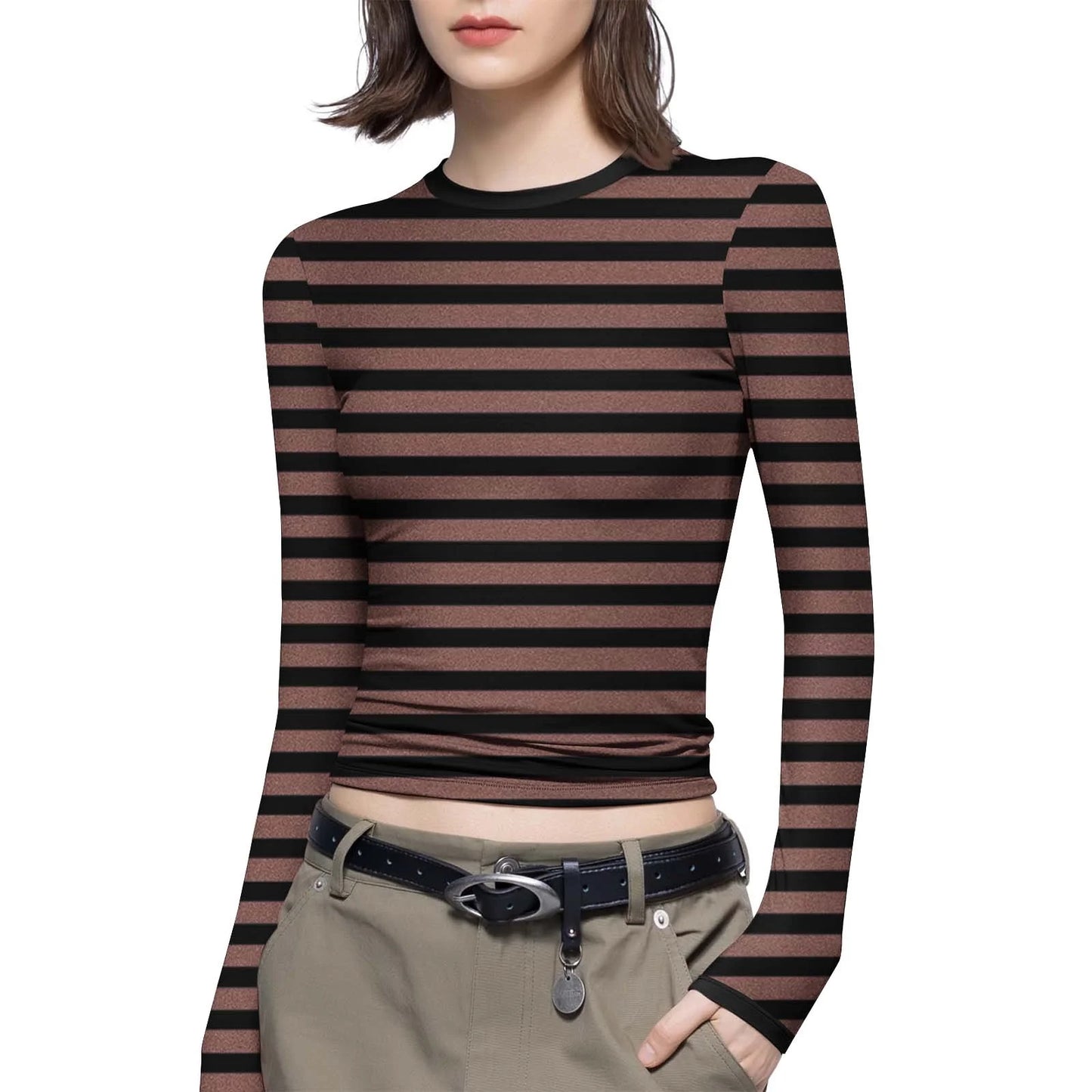 Women Striped Slim-Fit Shirts plus Size Long Sleeve Crewneck Basic Tees Casual Soft Undershirts (S, Brown)