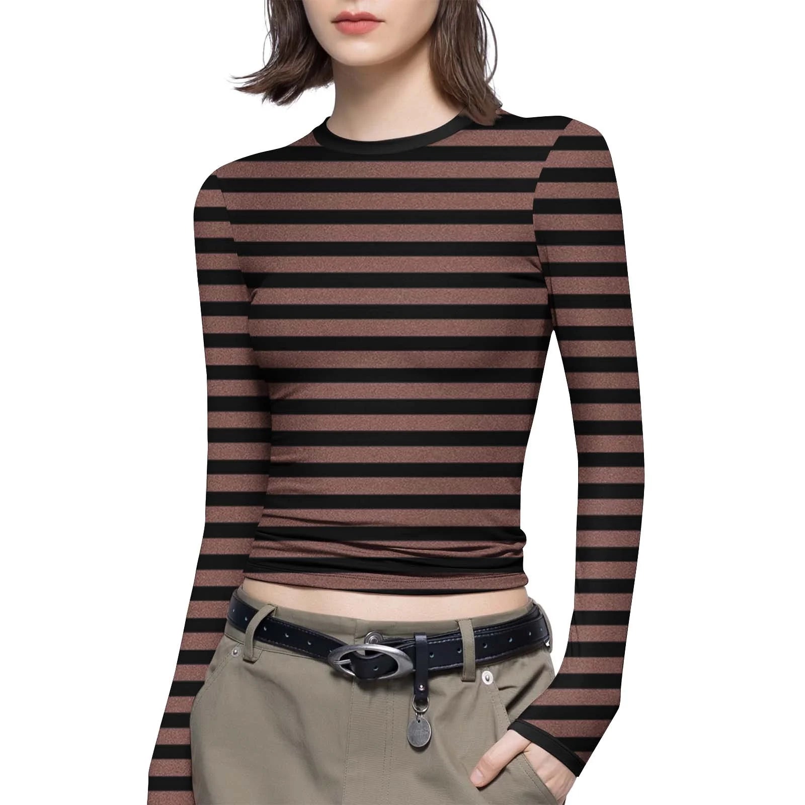 Women Striped Slim-Fit Shirts plus Size Long Sleeve Crewneck Basic Tees Casual Soft Undershirts (S, Brown)