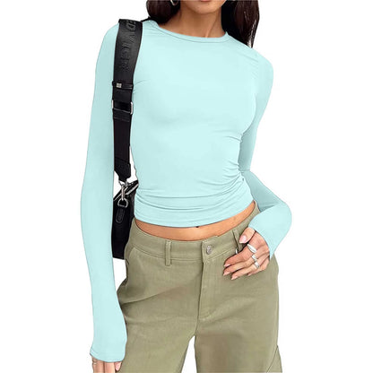 Long Sleeve Women'S Tops Blue Cropped Casual Winter Shirts Slim Crew Neck Plain T-Shirts for Women