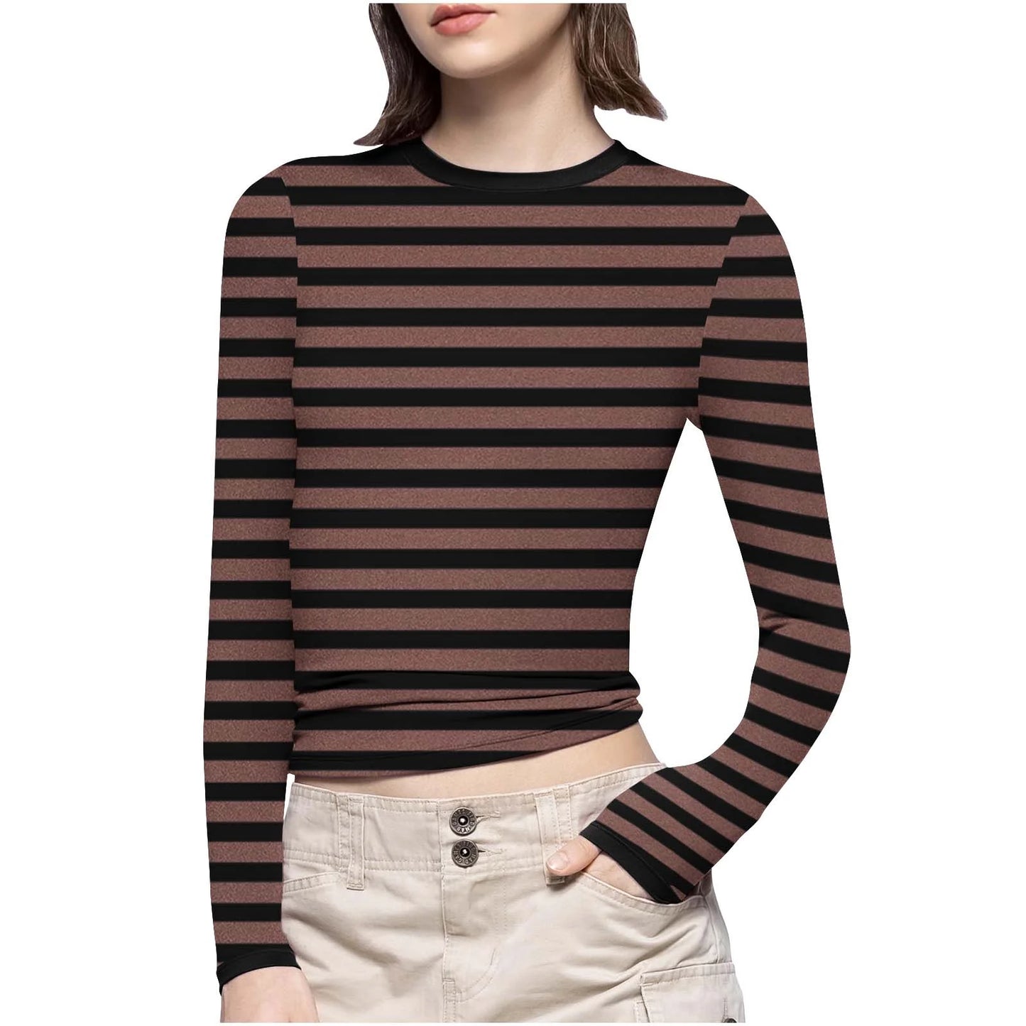 Women Striped Slim-Fit Shirts plus Size Long Sleeve Crewneck Basic Tees Casual Soft Undershirts (S, Brown)