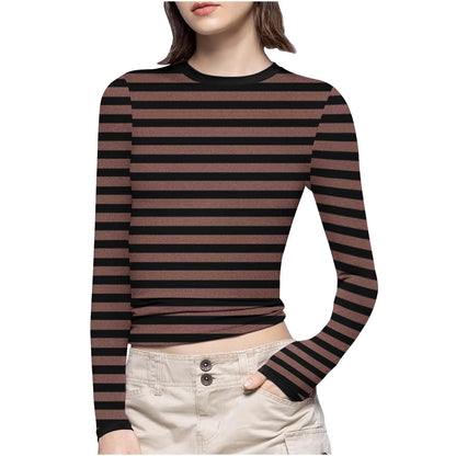 Women Striped Slim-Fit Shirts plus Size Long Sleeve Crewneck Basic Tees Casual Soft Undershirts (S, Brown)