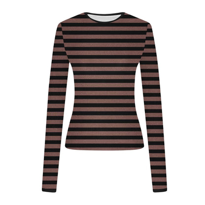 Women Striped Slim-Fit Shirts plus Size Long Sleeve Crewneck Basic Tees Casual Soft Undershirts (S, Brown)