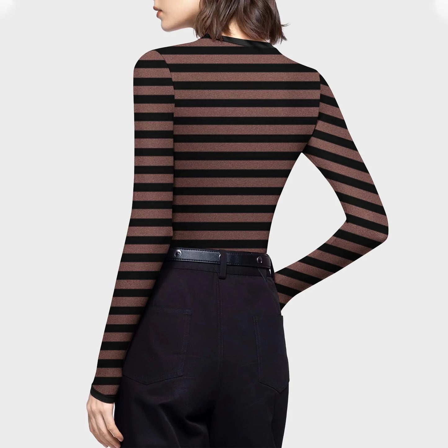 Women Striped Slim-Fit Shirts plus Size Long Sleeve Crewneck Basic Tees Casual Soft Undershirts (S, Brown)